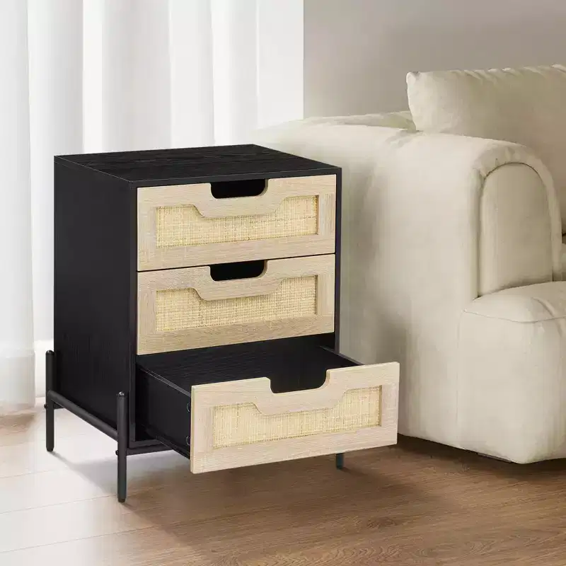 Rattan Nightstand with 3 Drawers, 18.9 Compact Bedside Table for Small Spaces - Engineered Wood & Steel Frame