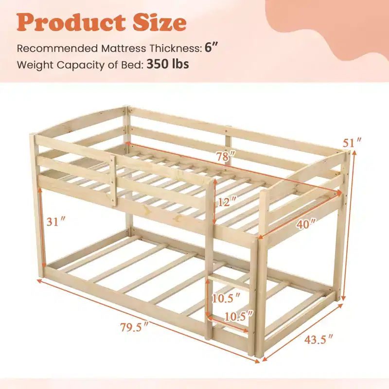 Costway Twin over Twin Low Bunk Bed with Guardrails Integrated Ladder Kids Wooden Grey/White/Beige/Pink
