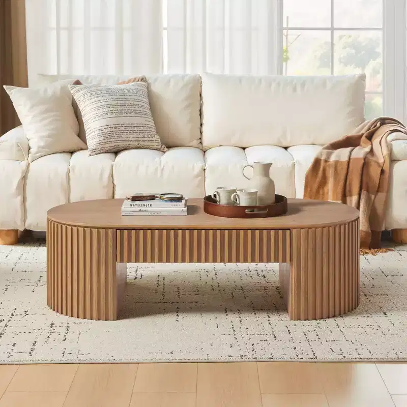 GDFStudio Manuel Modern Wooden Oval Pedestal Coffee Table with Drawer and Handcrafted Relief