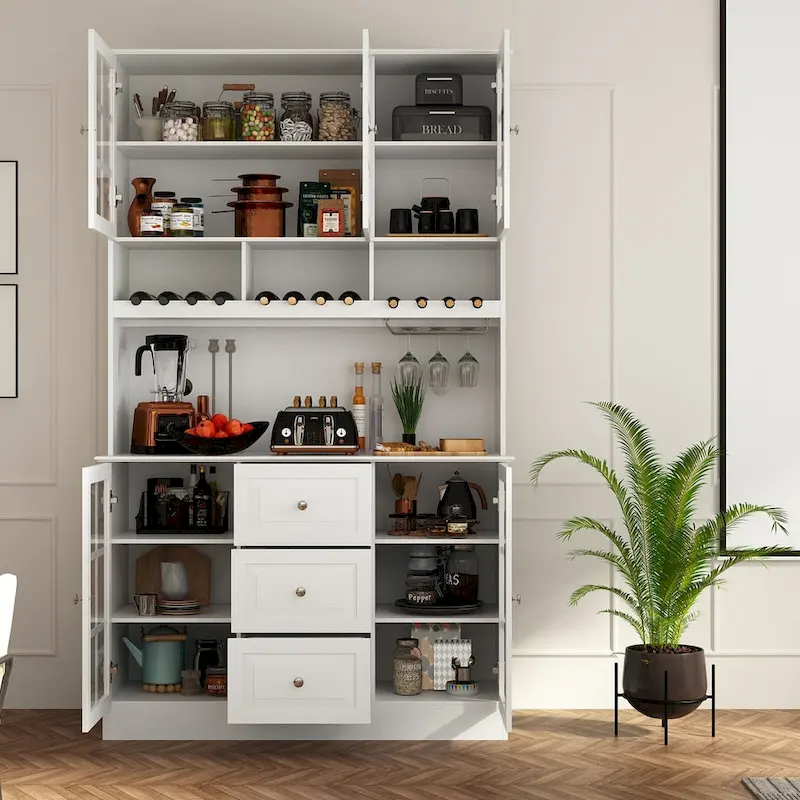 78.9Pantry Buffet White Buffet with Wine Glass Rack Drawer and Hutch