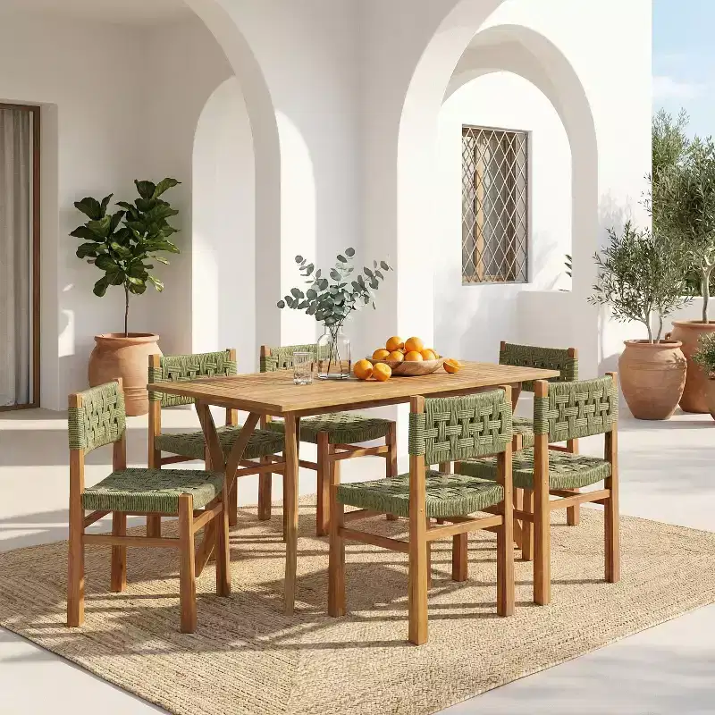 Christopher Knight Home Coralie 7 Piece Outdoor Rustic Woven Wicker Acacia Wood Dining Set