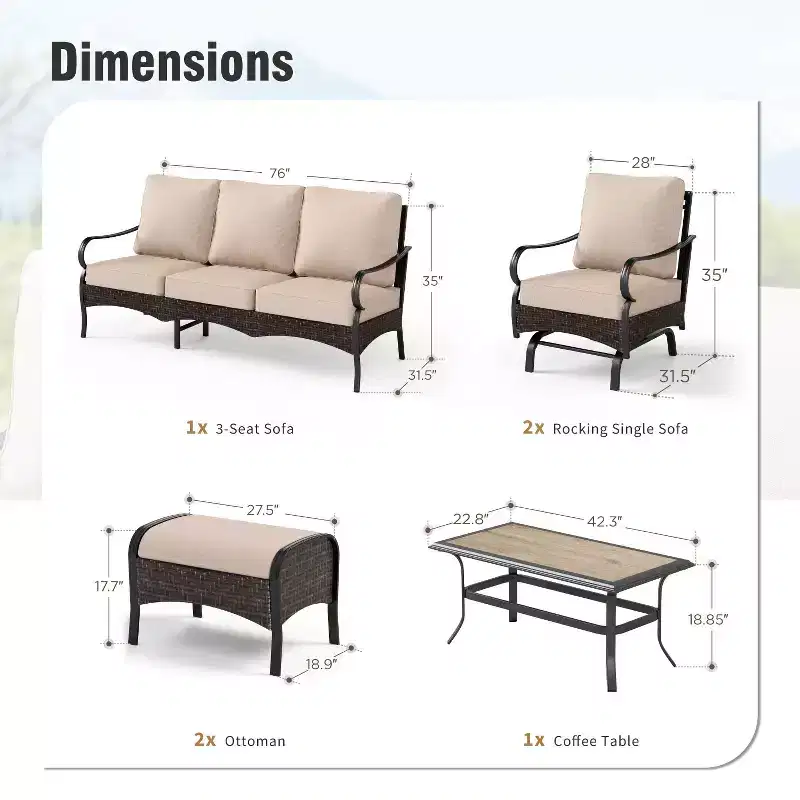 Captiva Designs 6pc Extra Large Metal and Rattan Outdoor Patio Conversation Set with Rocking Chairs and Ottomans