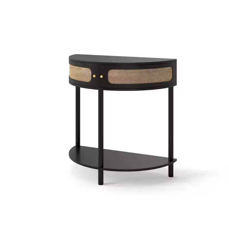 Zeus & Ruta Elegant Semi-Circle End Table with 2 Rattan Cabinets and Bottom Shelf for Living Room, Bedroom, Hallway