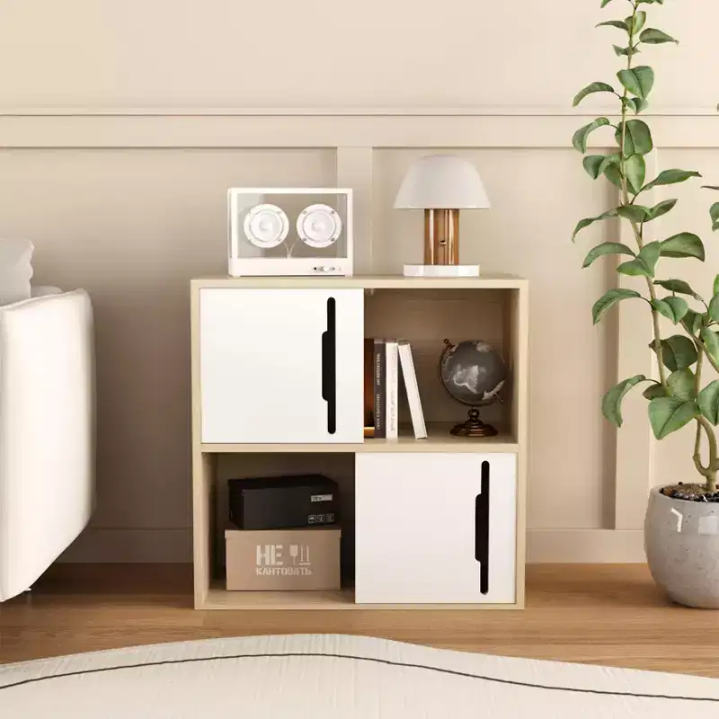 Modern Wooden Storage Cabinet with Sliding Doors,2-Tier Open and Closed Shelves Organizer,Natural Wood Finish with White Panels,for Living Room