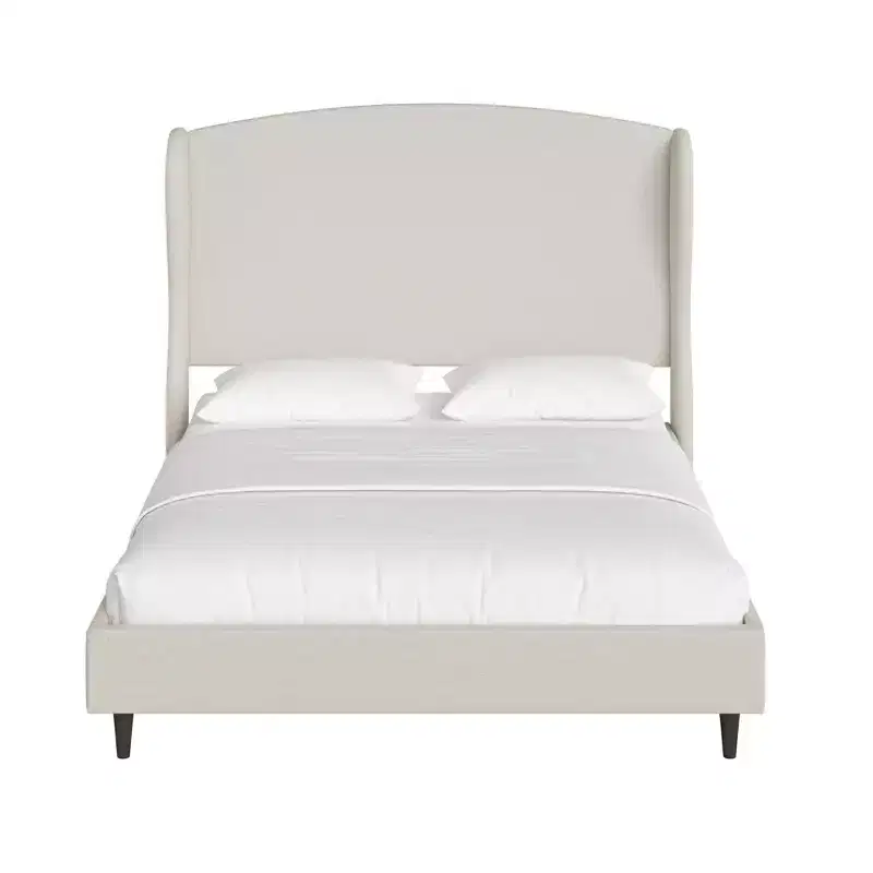 Beige Linen Wingback Platform Bed Frame, Queen, Sleeps 1–2