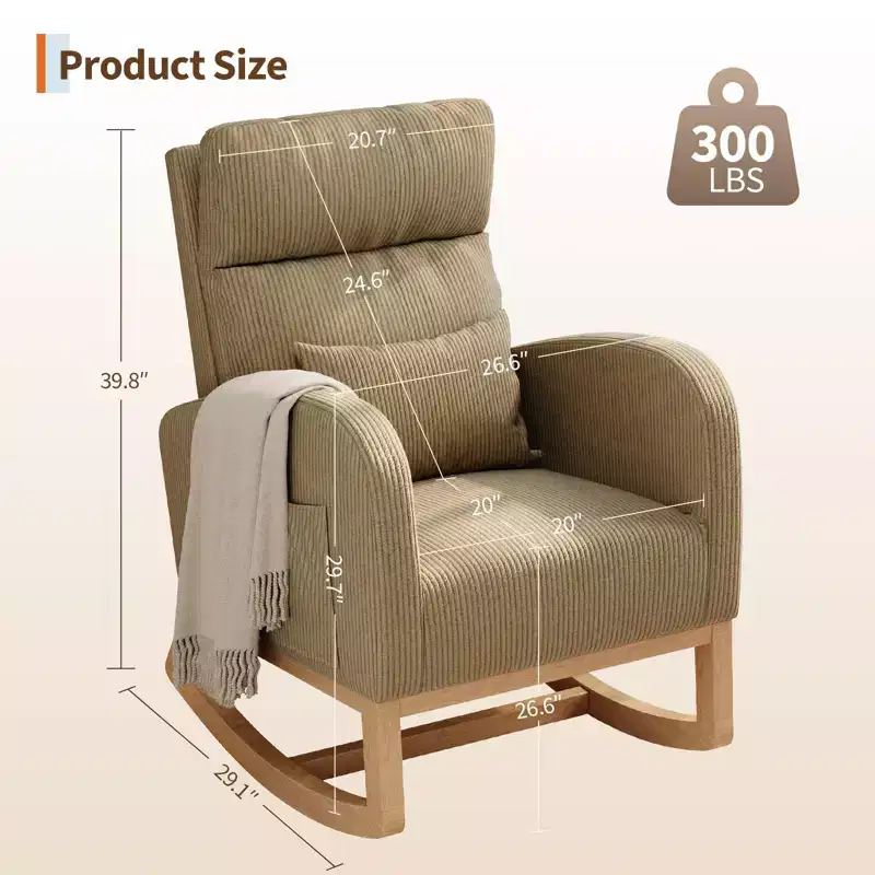 Modern Nursery Glider Rocking Chair with Side Pockets & Pillow – Ergonomic, 300 lb Capacity