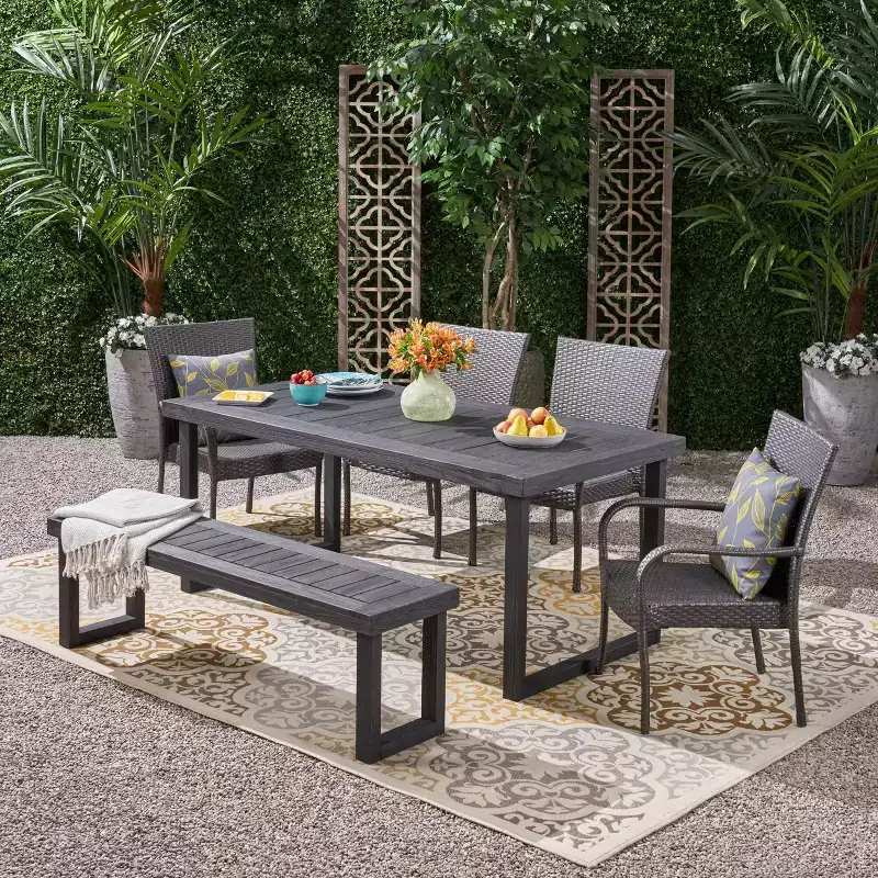 Nestor 6pc Wood and Wicker Chair and Bench Dining Set: Weather-Resistant, Galvanized Steel - Christopher Knight Home