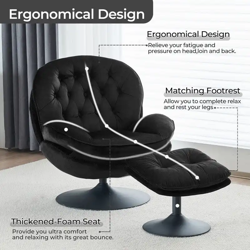 Velvet Swivel Accent Chair with Ottoman Round Reading Accent Chair Foot Stool Ottoman Set,360 Swivel,Metal Frame
