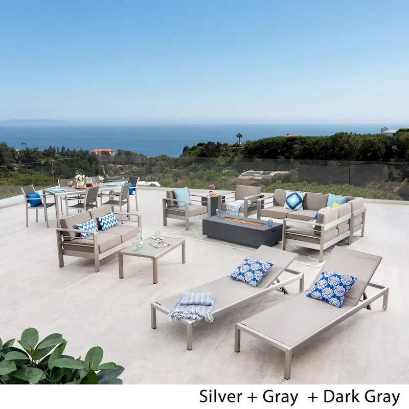 Cape Coral 7 Piece Dining Set and Sofa Set and 4pc Chat Set and Fire Pit and 2 Chaise Lounges by Christopher Knight Home