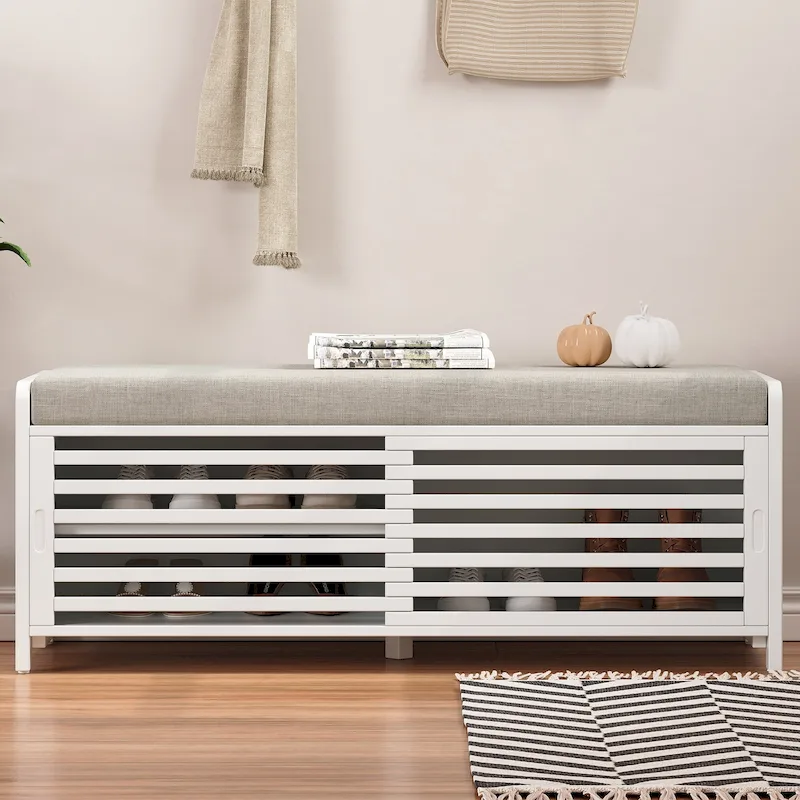 Entryway Bench Storage Shoe Bench w/ Cushion & Sliding Door, Shoe Cabinet Organizer for Living Room, 15.4 W x 43.3 D x 16.5 H
