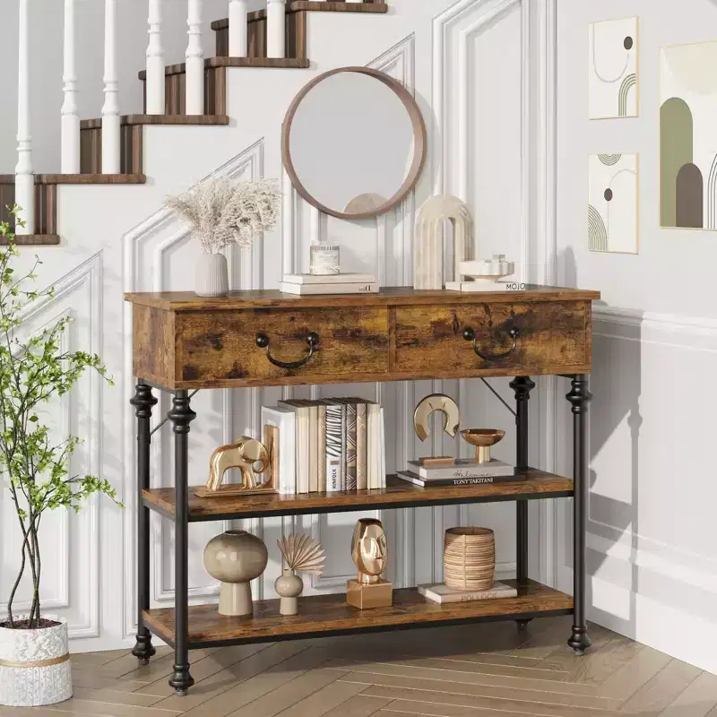 43 L Console Table, Narrow Console Table with Storage, 2 Drawers and 3 Tier Shelves, for Living Room, Hallway Table, Sofa Table