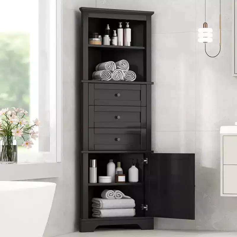 Black Triangle Tall Cabinet with 3 Drawers and Adjustable Shelves for Bathroom Kitchen or Living Room