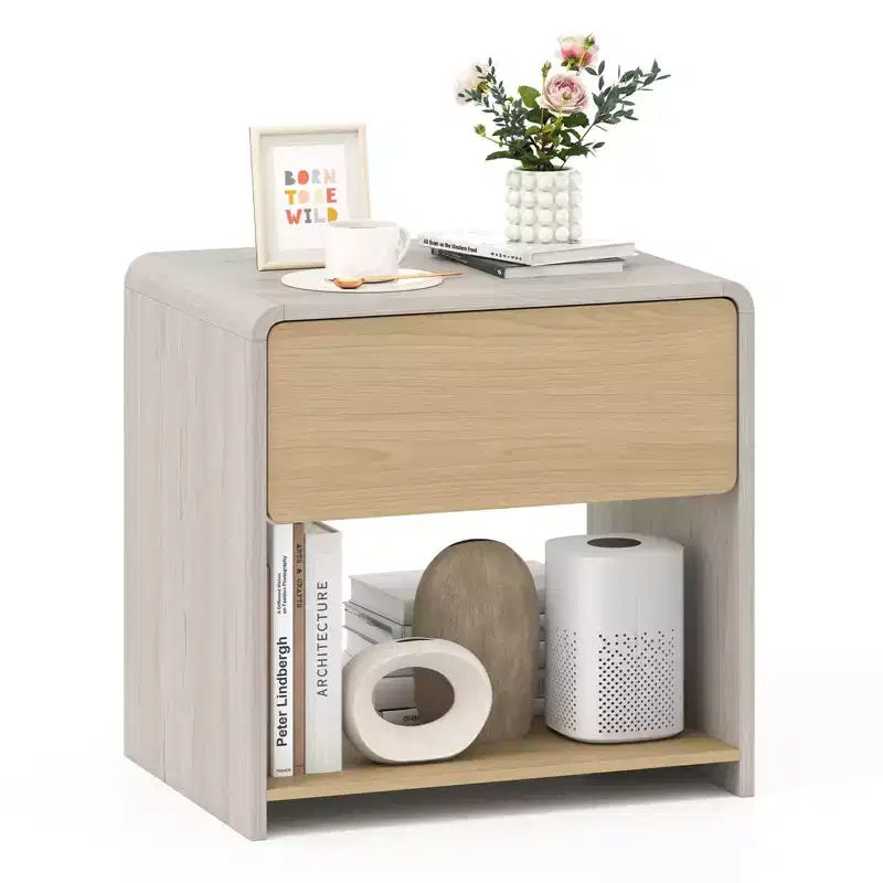 Costway Modern Style Nightstand 2-Tier Sofa Side Bedside Table w/ Drawer & Open Shelf