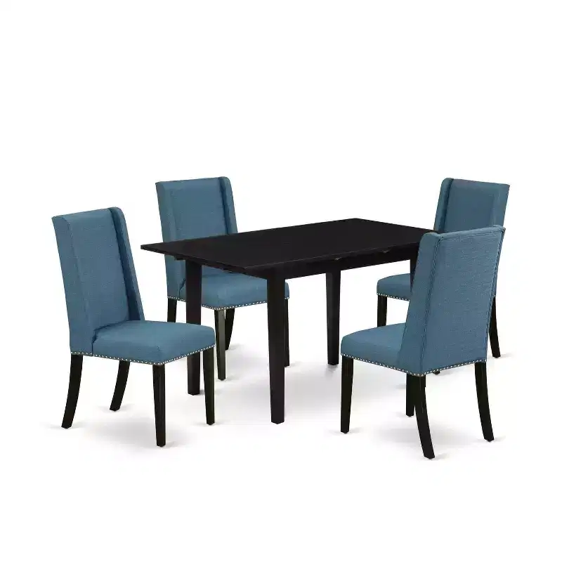 HomeStock 5-Pc Black Finish Solid Wood Top - Rectangular Upholstered Dining Room Set with Butterfly Leaf - Seats 4