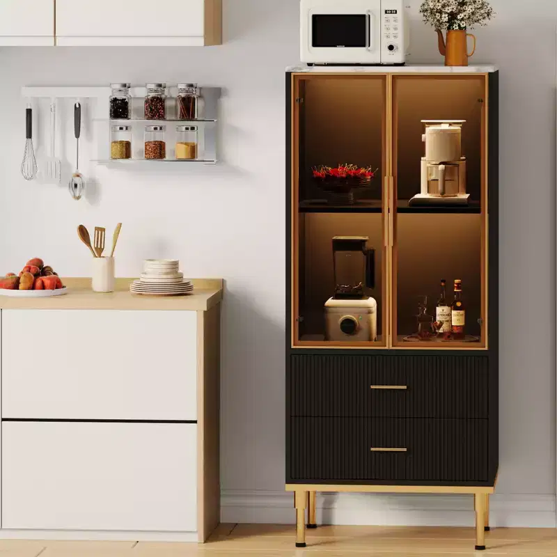 Storage Cabinet With Glass Doors, Sideboard Buffet Cabinet with 2 Fluted Drawers, Adjustable Shelves for Living Room, Dining Room and Kitchen