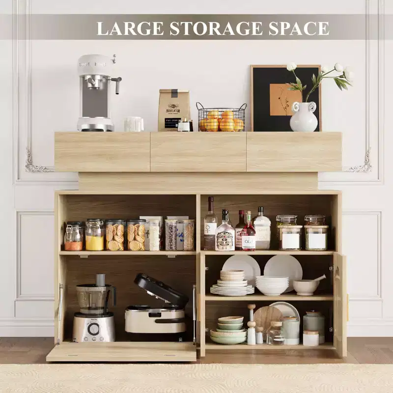 COZONY 55 Coffee Bar Cabinet with 3 Drawers & Charging Station, Kitchen Sideboard Buffet with Adjustable Shelf