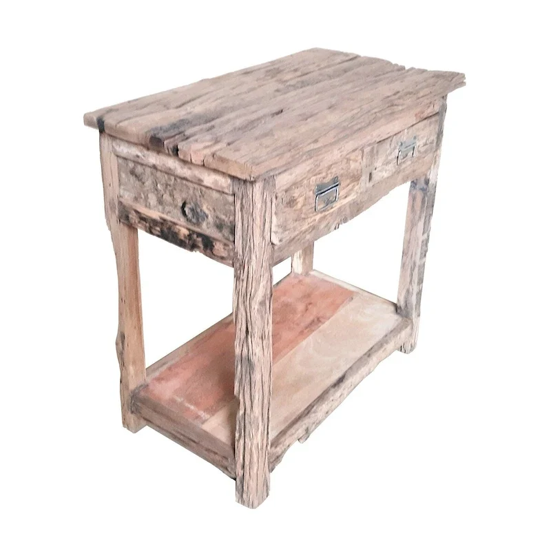 White Rustic Kitchen Island, Wood Top, 2-Drawer