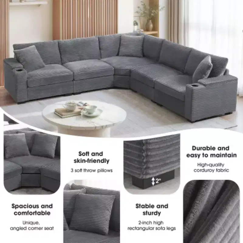 106'' L-Shaped Convertible Sofa, Corduroy with Storage, Cup Holders, USB, Modular Design for Living Room