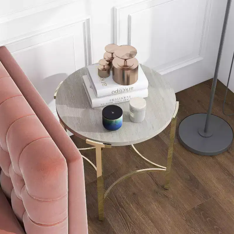 Modern Round End Table – Champagne Gold Legs & Faux Marble Top, 24x24 in
