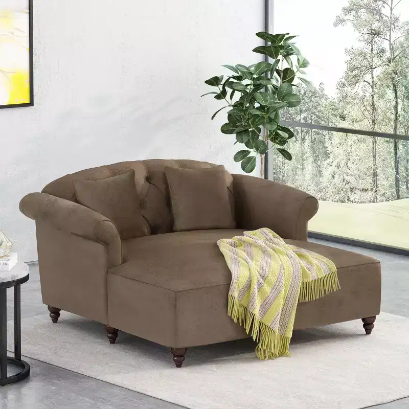 Freas Contemporary Tufted Double Chaise Lounge: Elegant Scroll Arms, Birch Wood Legs - Christopher Knight Home