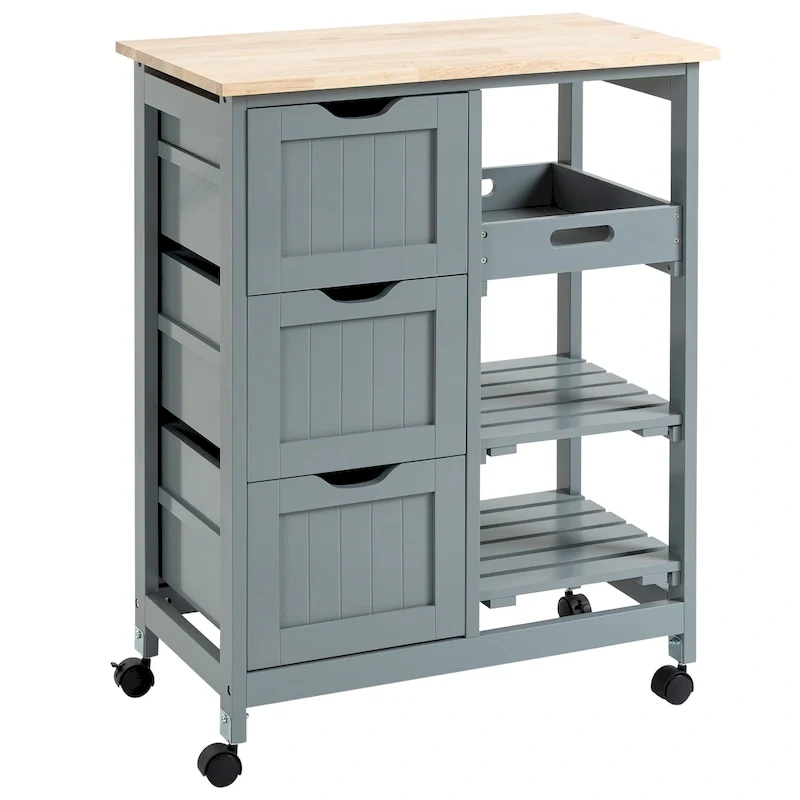 Rolling Kitchen Island Cart with Wood Top, Shelves and Drawers