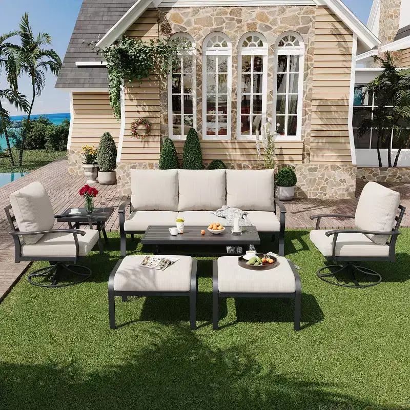 EROMMY 7 PCS Outdoor Metal Conversation Set With 360 Swivel Rocking Chairs, Sofa, Coffee Table&Ottoman For Patio, Garden, Deck Or Poolside