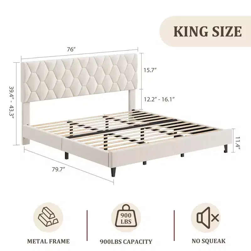 King Platform Bed Frame w/Upholstered Headboard & Wooden Slats Support, Upholstered Mattress Foundation/No Box Spring Needed/Easy Assembly, Beige