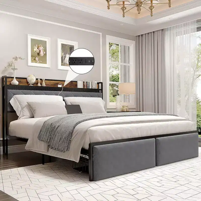 Bed Frame with Storage Headboard and 2 Drawers, Platform Metal King Bed Frame with LED Lights and Charging Station, Noise Free, No Box Spring Needed