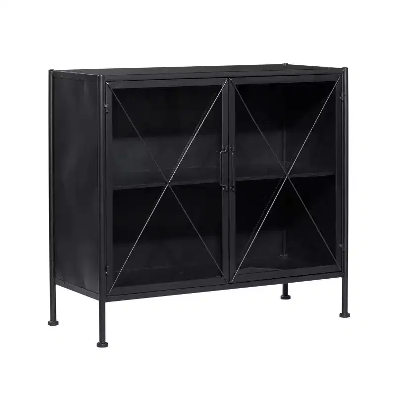 Industrial Metal Cabinet Black: No Assembly, Iron Frame, Fretwork Design, Includes Anti-Tip Hardware
