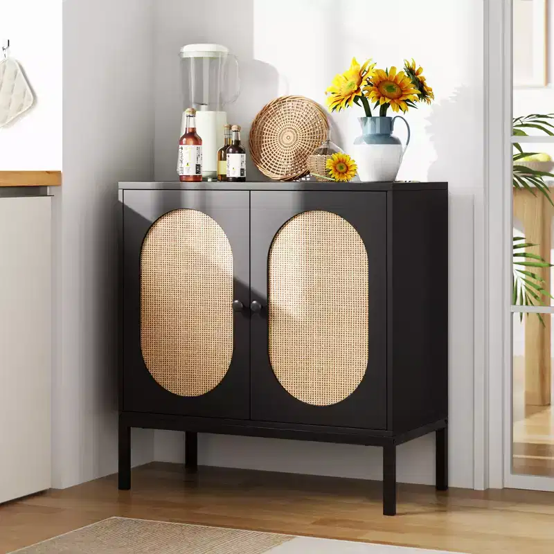 31.5 Inch Sideboard, Rattan Storage Cabinet with Adjustable Shelves, Kitchen Sideboard for Living Room Dining Room Entryway