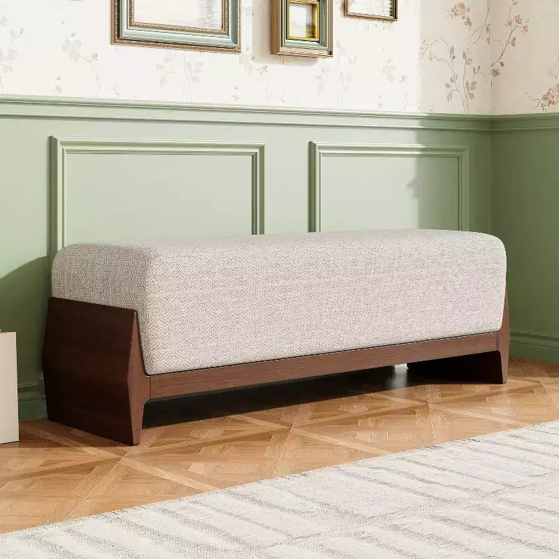 Mid-Century Modern Wood Upholstered Bench with Thick Soft Cushions