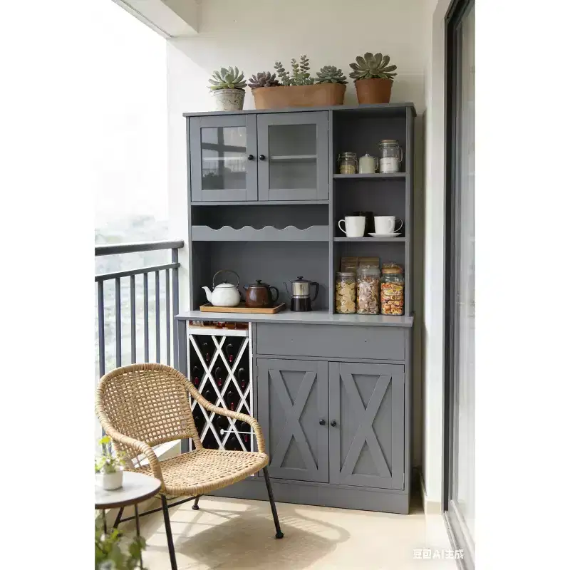 MDF Wine Cabinet with Acrylic Double Doors, Upper Tier Display for Dining Room Bar