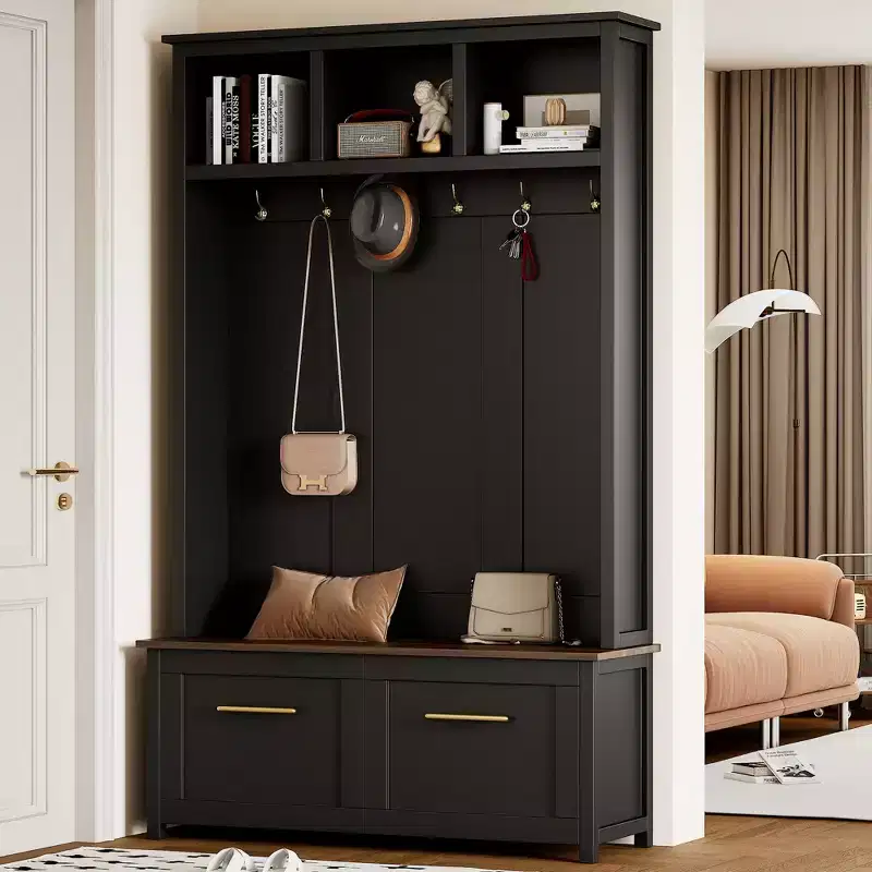 Versatile 4-in-1 Hall Tree with 6 Golden Hooks, Wood Grain Bench with Multiple Storage Space, Entryway Coat Rack with 2 Drawers