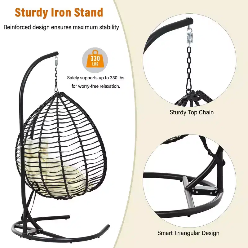 Whisen Hanging Hammock Chair with Stand, Egg Swing Chair with Iron Frame and Cushion & Headrest
