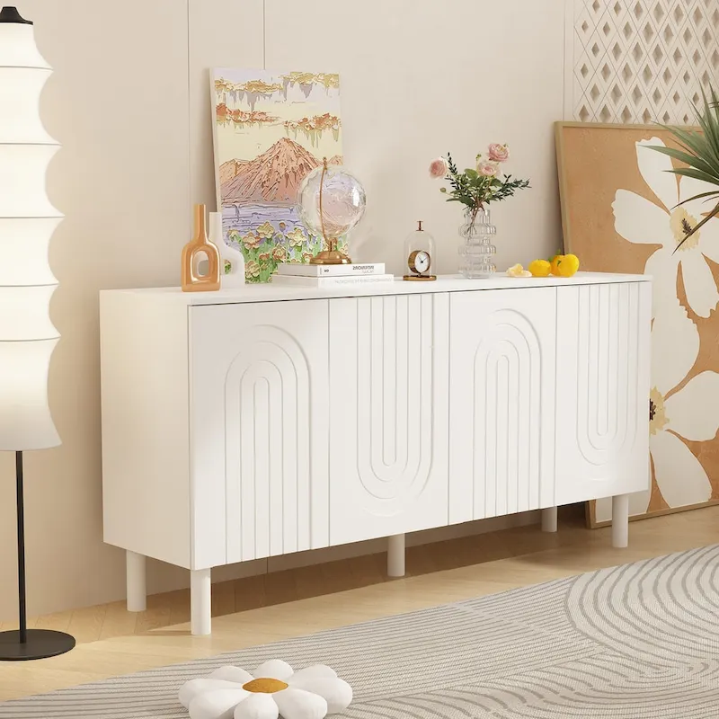 4-Door Storage Sideboard Cabinet - White MDF Buffet Table