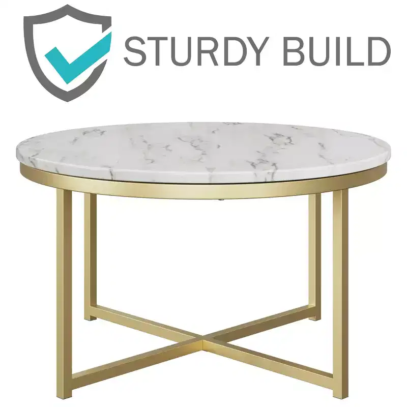 Lavish Home Round Coffee Table with Faux Mable Top and Metal Crossbeam, White/Gold