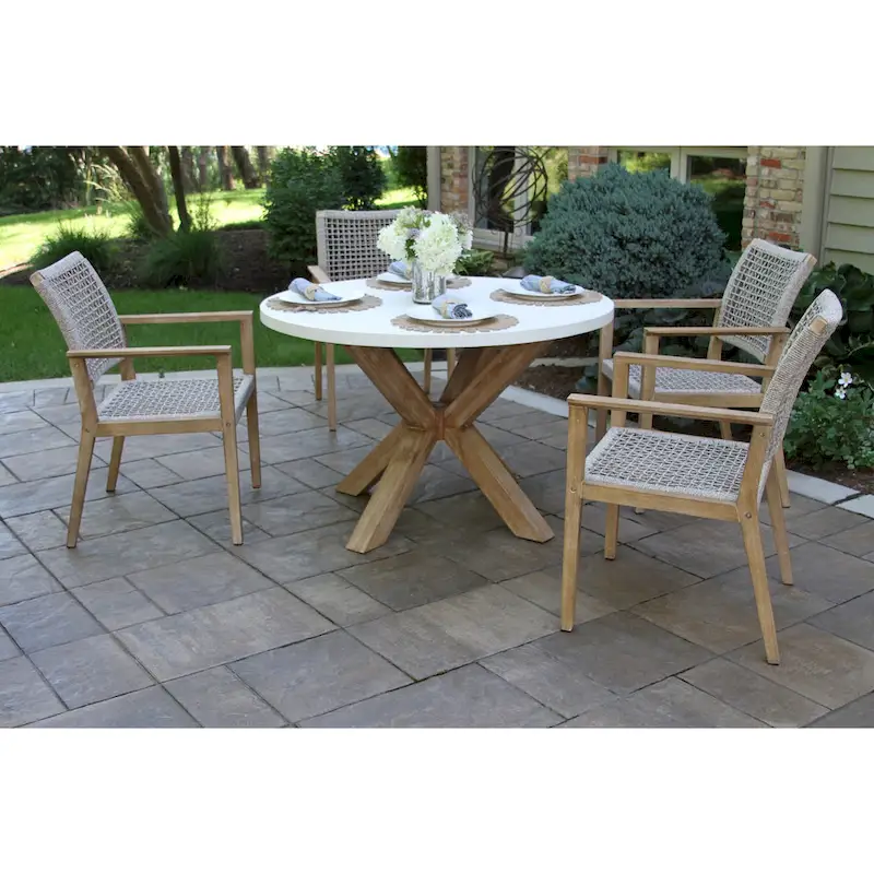 Cordelia 48 Ivory Composite Dining Table With 4 Wheat Rope Chairs