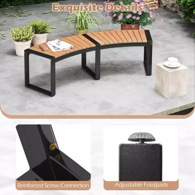 Costway Backless 2-Person Patio Curved Bench with Slatted Seat & Metal Legs Oil Painted