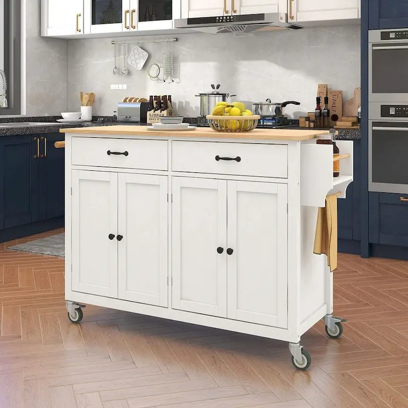Kitchen Island Cart with Solid Wood Top, Locking Wheels, Spice & Towel Rack