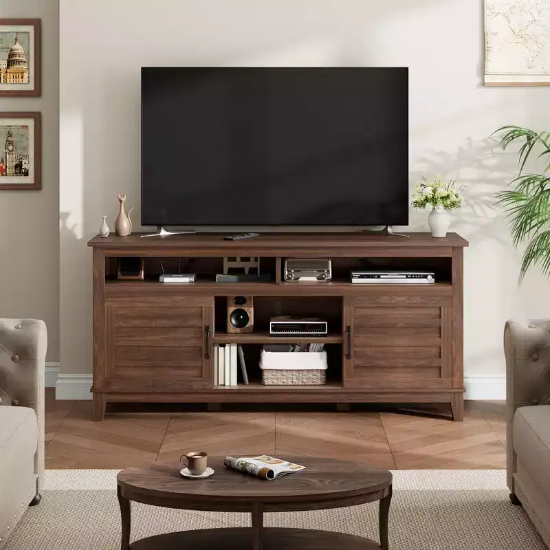 Modern TV Stand for 65 in TV, Semi-Open Double Door Cabinet with Adjustable Shelves  Brown Entertainment Center with 8 Storage Compartments