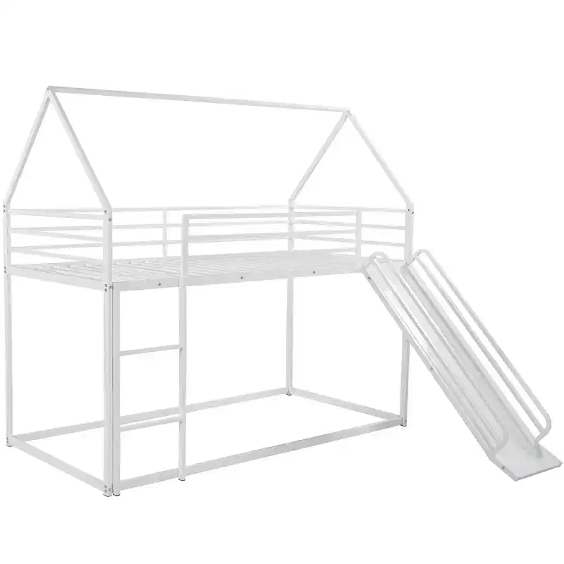Twin over Twin Metal House Bunk Bed with Convertible Slide and Ladder