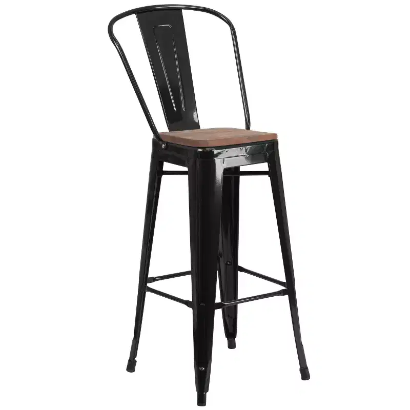 Emma and Oliver 30H Metal Dining Barstool with Back and Square Wood Seat
