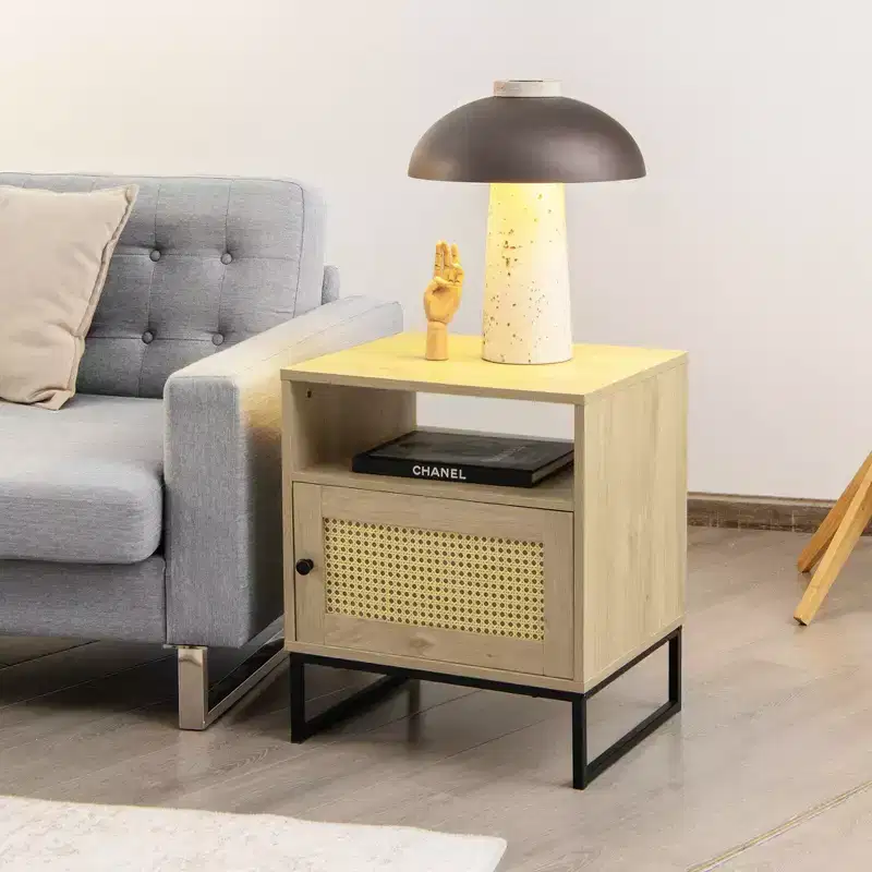 Costway 2PCS Nightstand w/ Cabinet Wooden Side End Table Rattan Decorated Door Oak