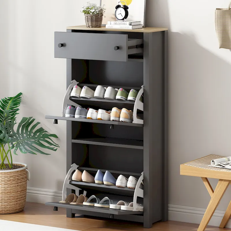 Functional Entryway Organizer with 2 Flip Drawers, Wood Grain Pattern Top Shoe Cabinet with Drawer