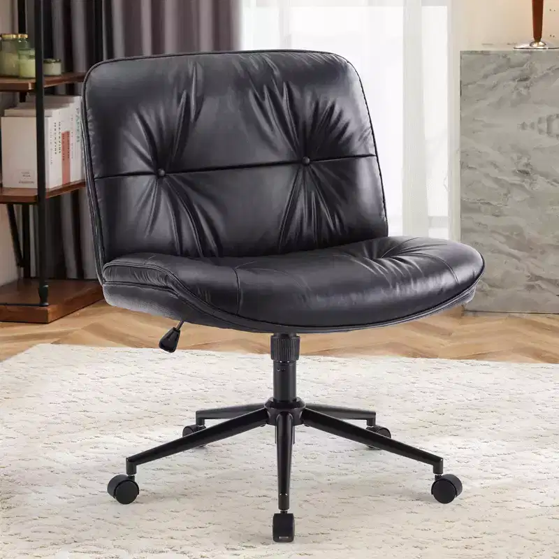Armless Office Chair, Wide Seat Swivel Chair with Criss Cross Legged, Height Adjustment, Modern PU Leather Accent Chair for Home Office
