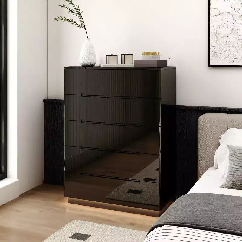 Famapy Modern High Gloss 5 Drawers Dresser With Bottom Light
