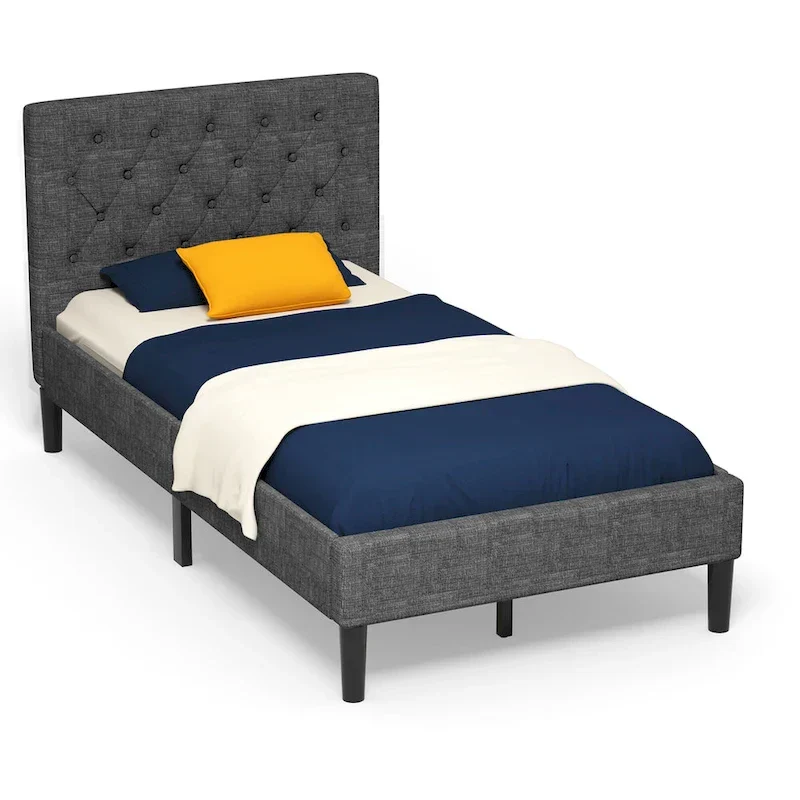 Twin Upholstered Bed Frame Diamond Stitched Headboard Wood
