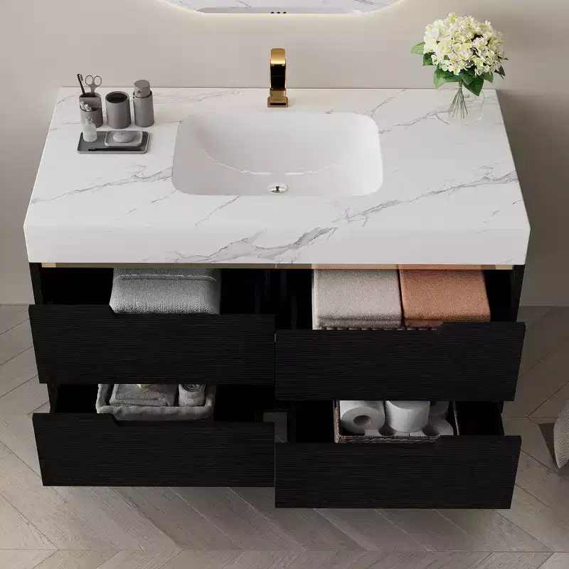 Modern bathroom vanity with undermount sink, sintered stone countertop, waterproof multi-layer solid wood, 4-drawer storage cabinet Black+White
