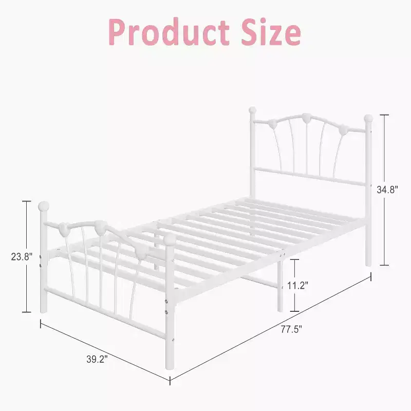 Twin Heart Shaped Metal Bed Frame - White, Platform with Headboard, Footboard and Underbed Storage