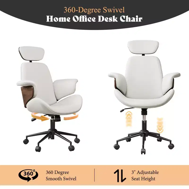 Office Chair with Wheels, PU Leather Swivel Desk Chair, Bentwood Arms, Height Adjustable